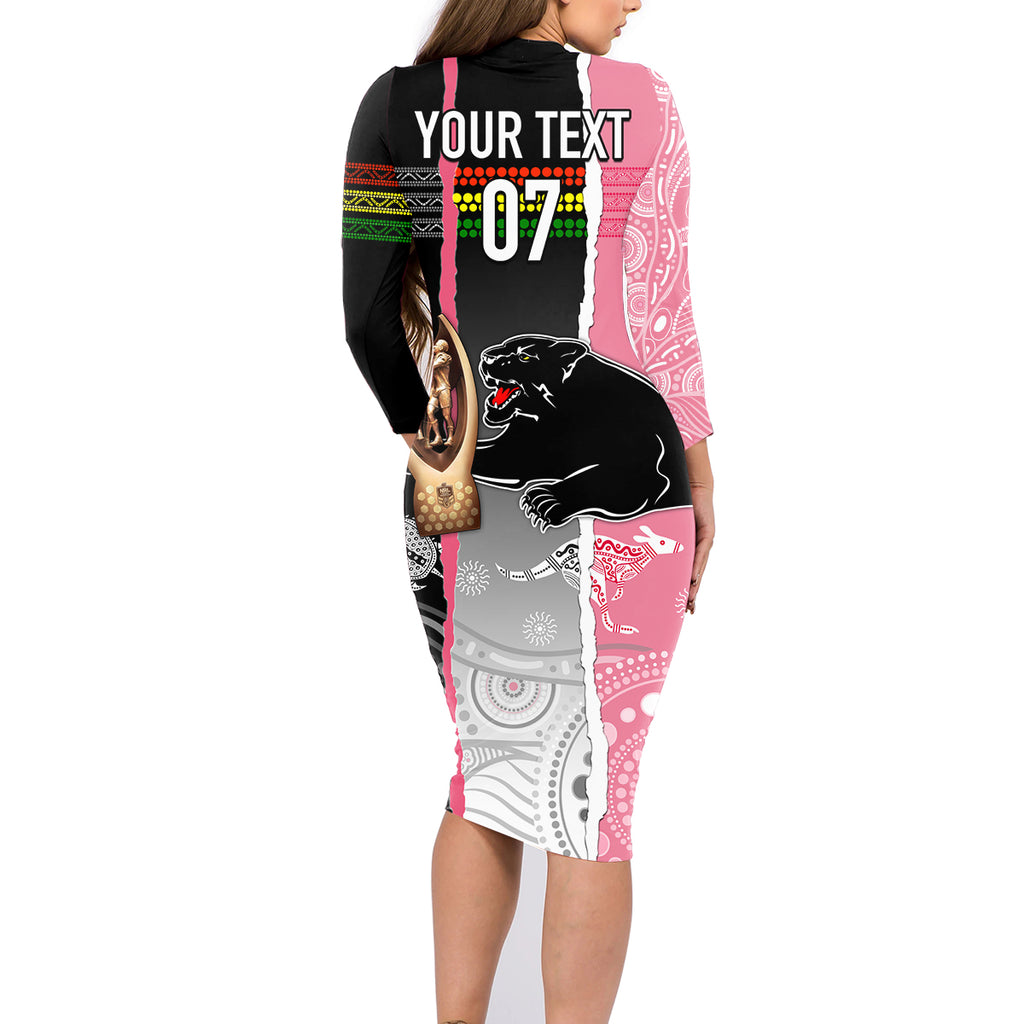 personalised-panther-rugby-nrl-premiers-family-matching-long-sleeve-bodycon-dress-and-hawaiian-shirt-panther-pride-black-pink-aboriginal-mix-art