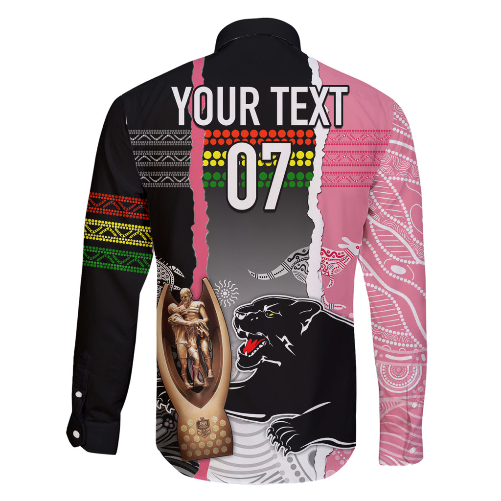 personalised-panther-rugby-nrl-premiers-family-matching-off-shoulder-long-sleeve-dress-and-hawaiian-shirt-panther-pride-black-pink-aboriginal-mix-art