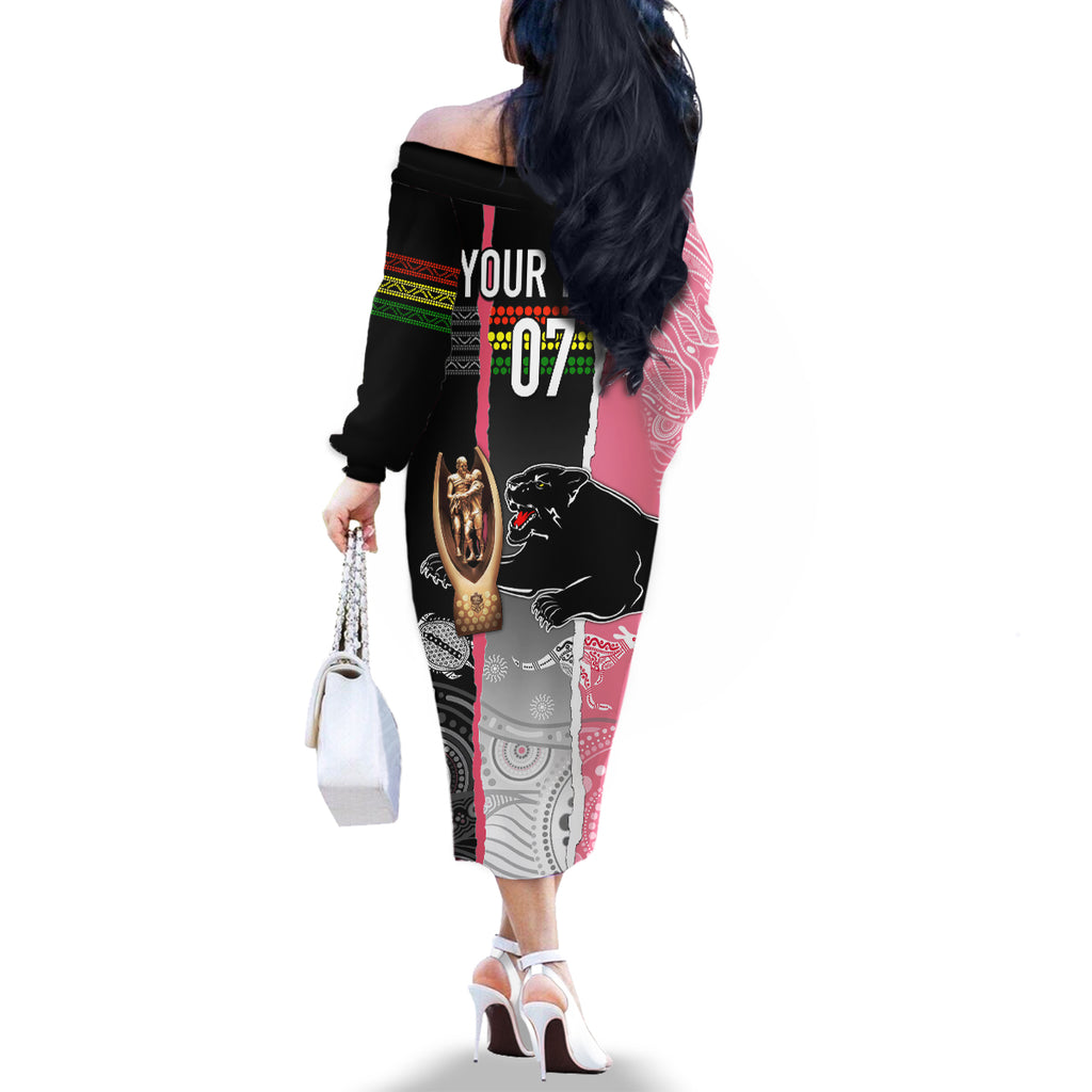 personalised-panther-rugby-nrl-premiers-family-matching-off-shoulder-long-sleeve-dress-and-hawaiian-shirt-panther-pride-black-pink-aboriginal-mix-art