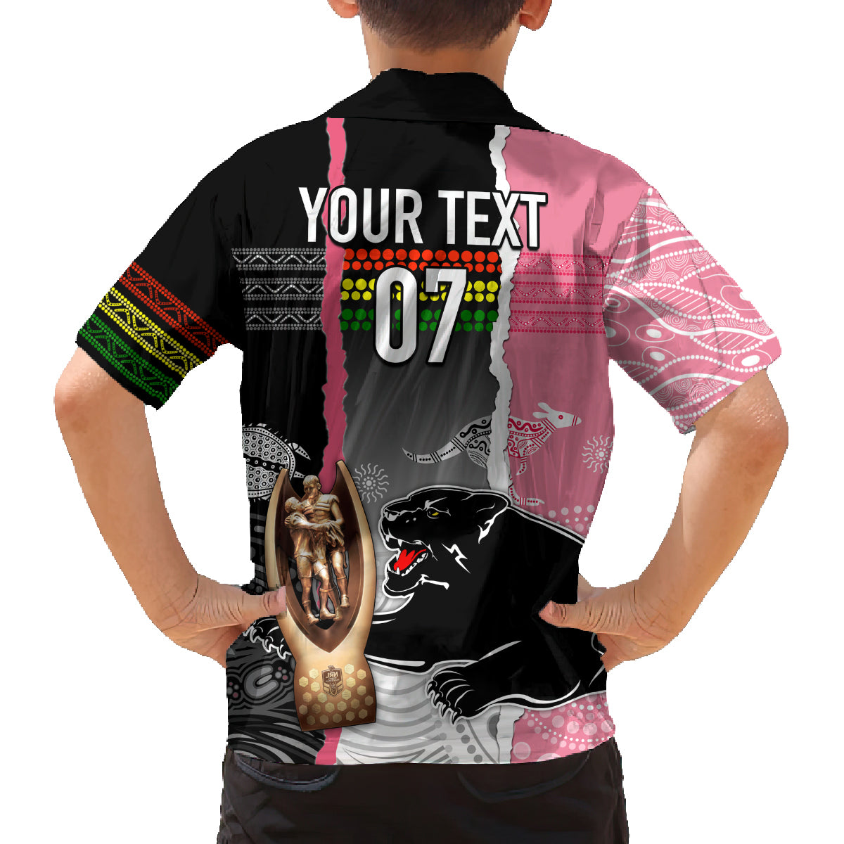 personalised-panther-rugby-nrl-premiers-family-matching-off-shoulder-short-dress-and-hawaiian-shirt-panther-pride-black-pink-aboriginal-mix-art
