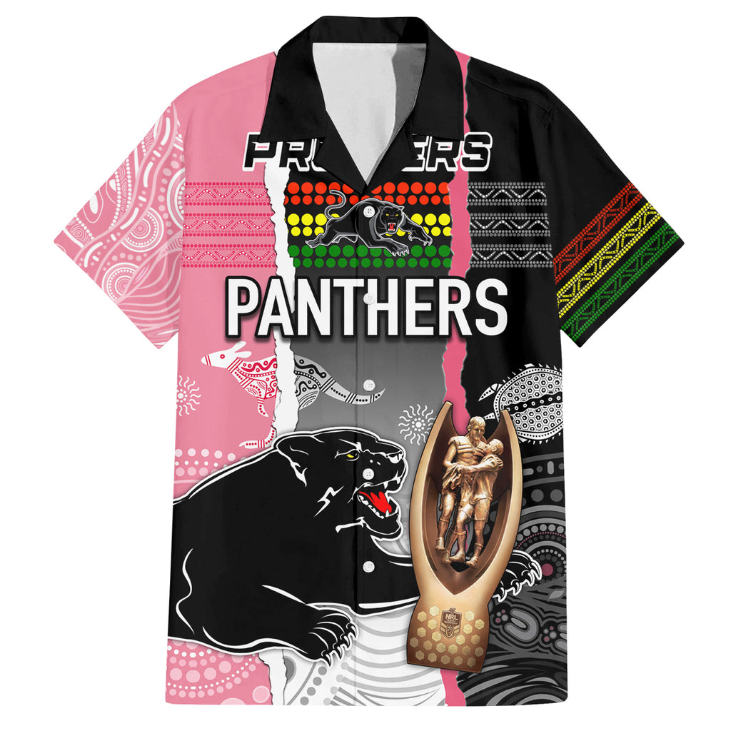 personalised-panther-rugby-nrl-premiers-family-matching-off-shoulder-short-dress-and-hawaiian-shirt-panther-pride-black-pink-aboriginal-mix-art