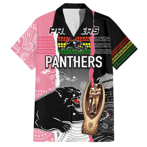 personalised-panther-rugby-nrl-premiers-family-matching-off-shoulder-short-dress-and-hawaiian-shirt-panther-pride-black-pink-aboriginal-mix-art