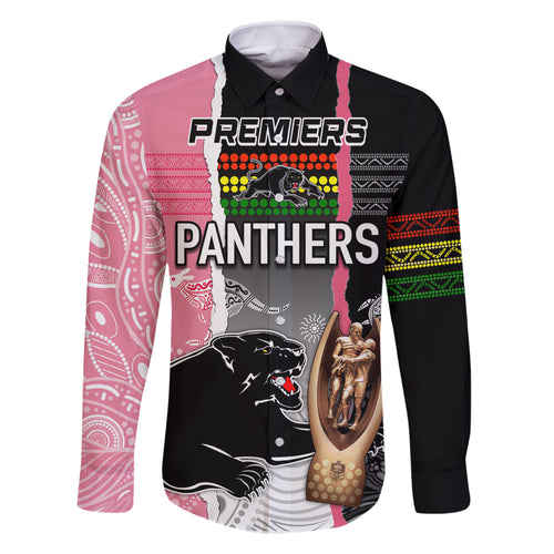 personalised-panther-rugby-nrl-premiers-family-matching-off-shoulder-short-dress-and-hawaiian-shirt-panther-pride-black-pink-aboriginal-mix-art