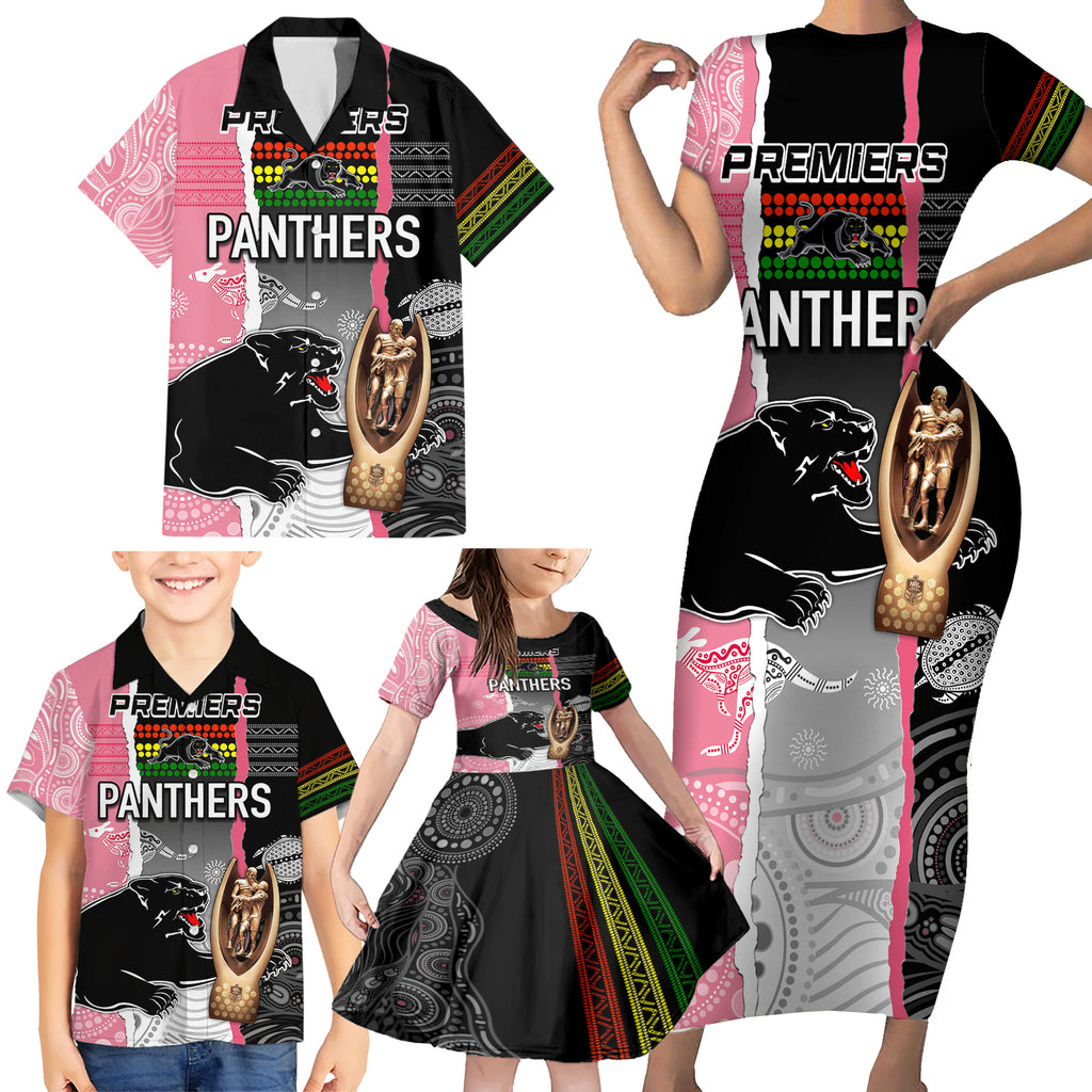 personalised-panther-rugby-nrl-premiers-family-matching-short-sleeve-bodycon-dress-and-hawaiian-shirt-panther-pride-black-pink-aboriginal-mix-art