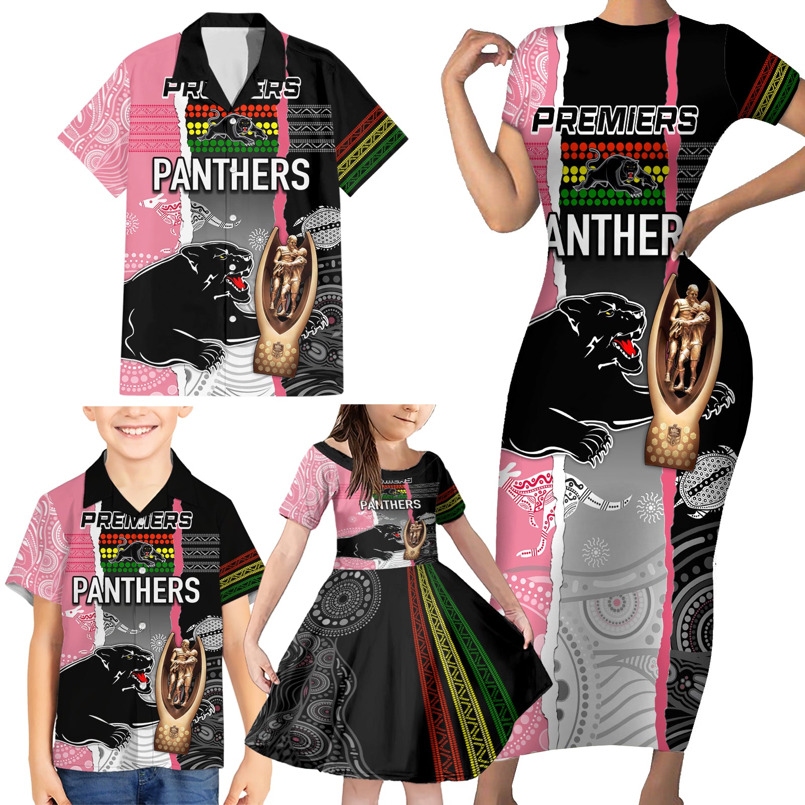 personalised-panther-rugby-nrl-premiers-family-matching-short-sleeve-bodycon-dress-and-hawaiian-shirt-panther-pride-black-pink-aboriginal-mix-art