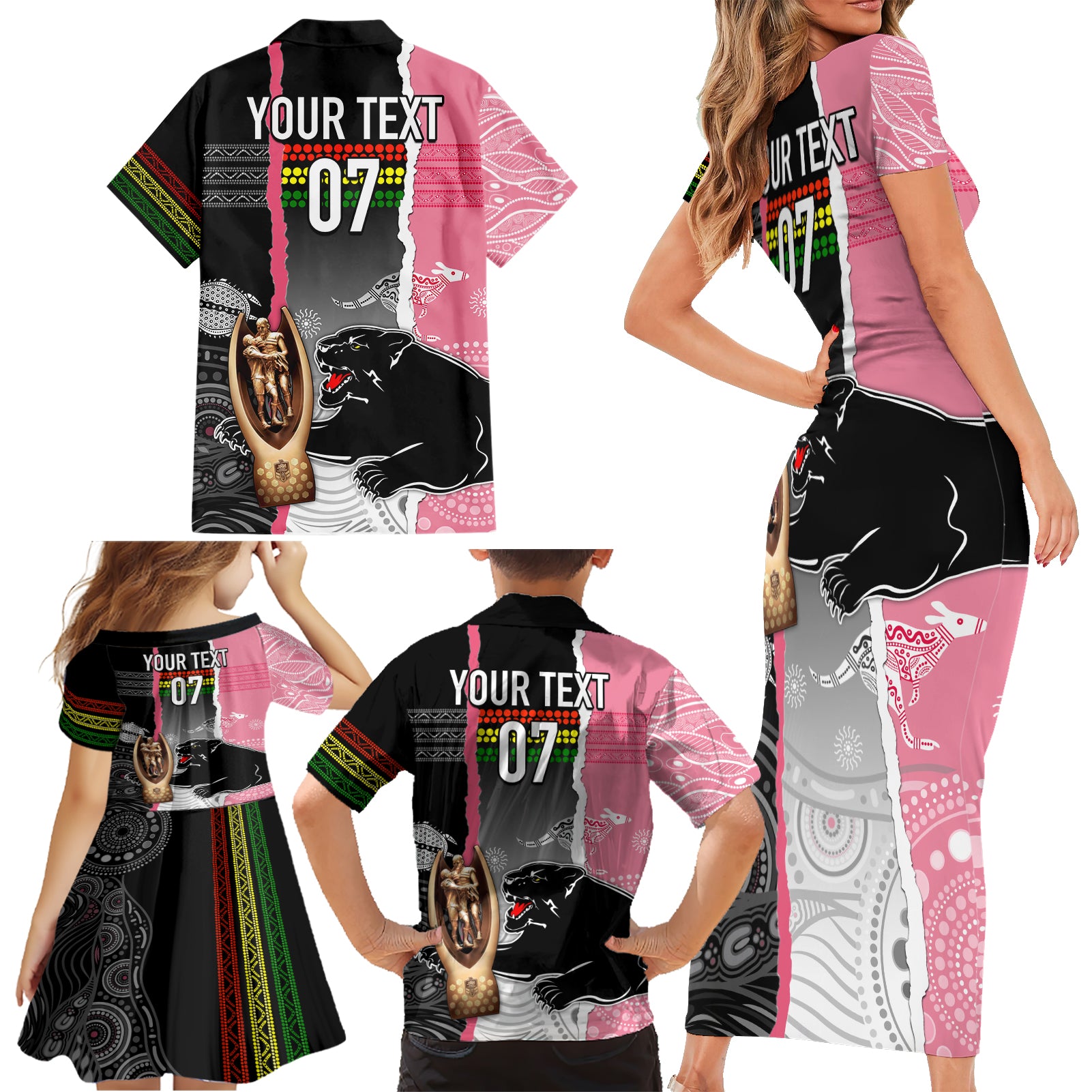 personalised-panther-rugby-nrl-premiers-family-matching-short-sleeve-bodycon-dress-and-hawaiian-shirt-panther-pride-black-pink-aboriginal-mix-art