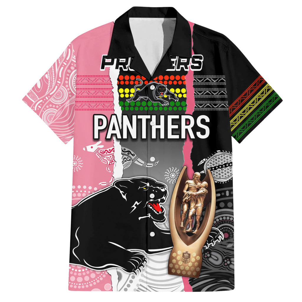 personalised-panther-rugby-nrl-premiers-family-matching-short-sleeve-bodycon-dress-and-hawaiian-shirt-panther-pride-black-pink-aboriginal-mix-art