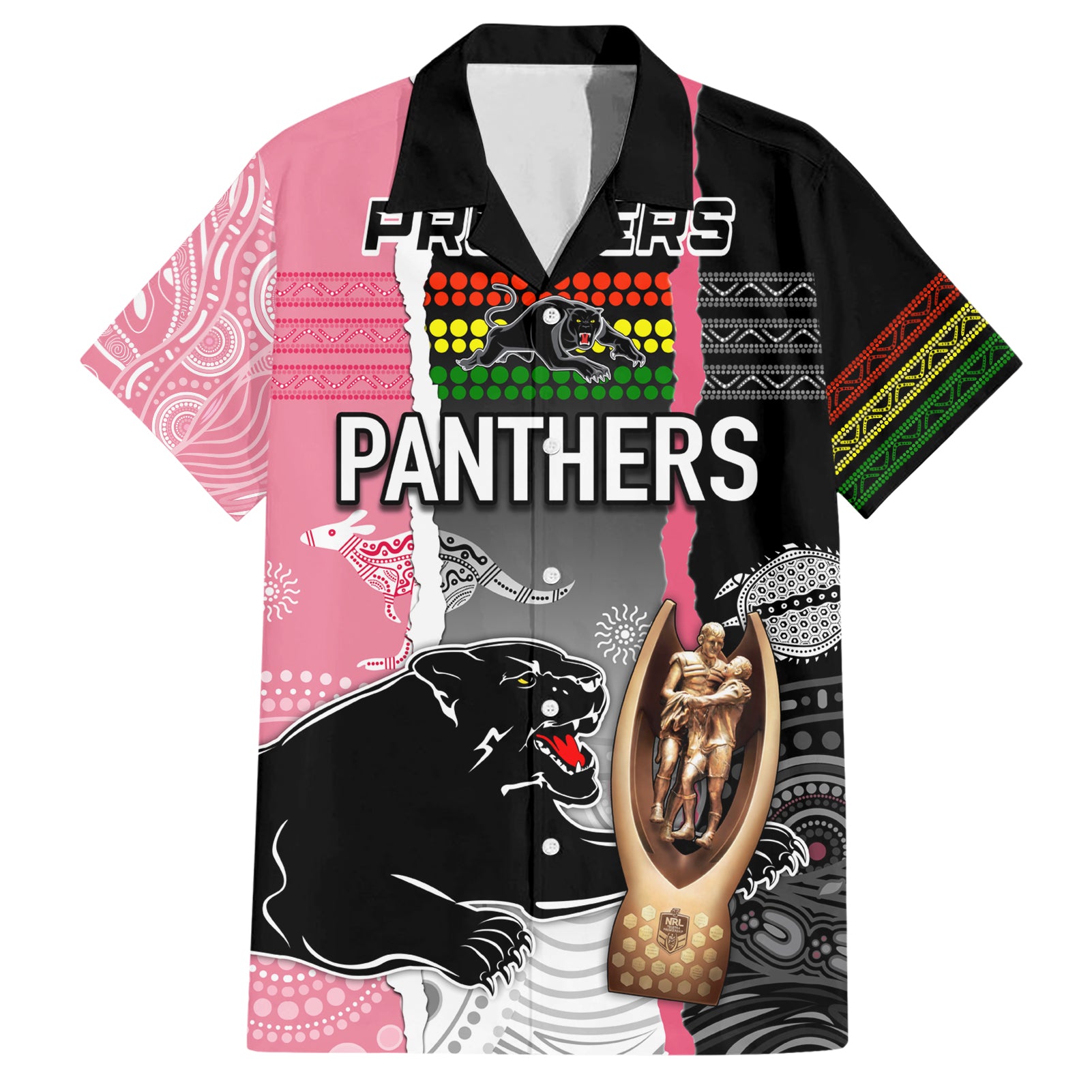 personalised-panther-rugby-nrl-premiers-family-matching-short-sleeve-bodycon-dress-and-hawaiian-shirt-panther-pride-black-pink-aboriginal-mix-art