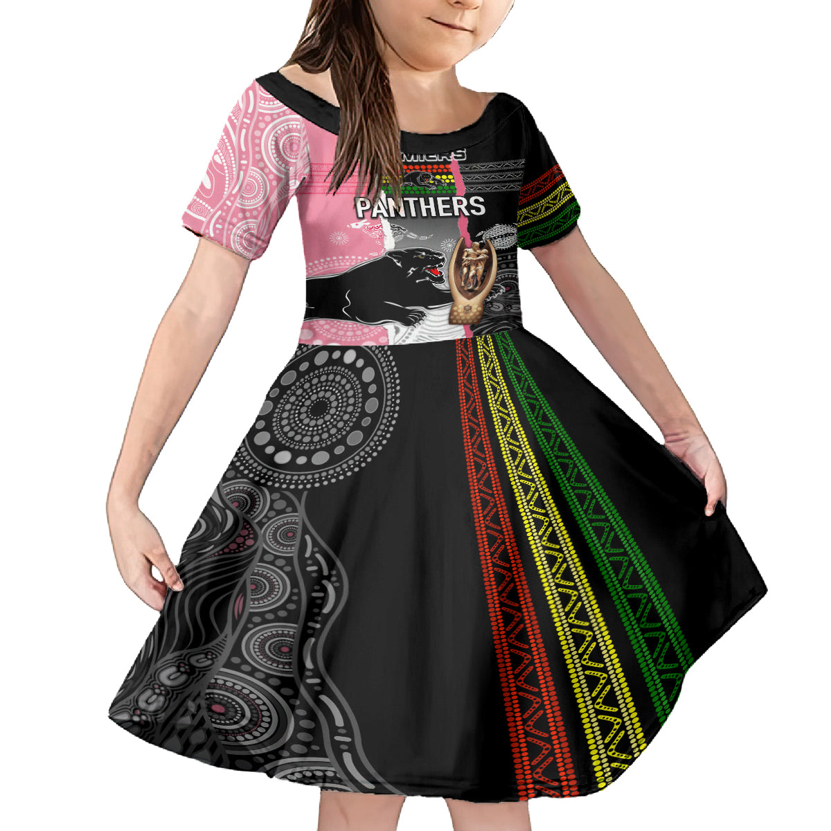 personalised-panther-rugby-nrl-premiers-kid-short-sleeve-dress-panther-pride-black-pink-aboriginal-mix-art
