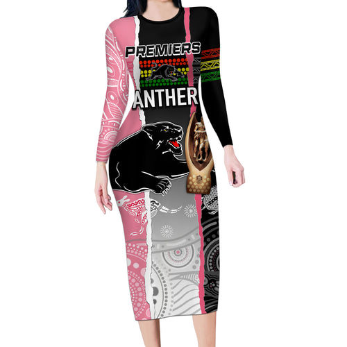 personalised-panther-rugby-nrl-premiers-long-sleeve-bodycon-dress-panther-pride-black-pink-aboriginal-mix-art