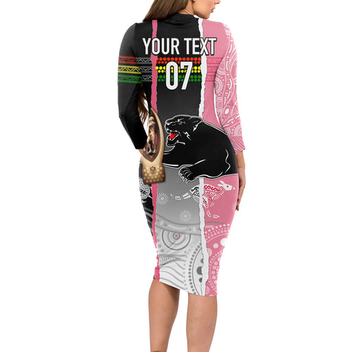 personalised-panther-rugby-nrl-premiers-long-sleeve-bodycon-dress-panther-pride-black-pink-aboriginal-mix-art