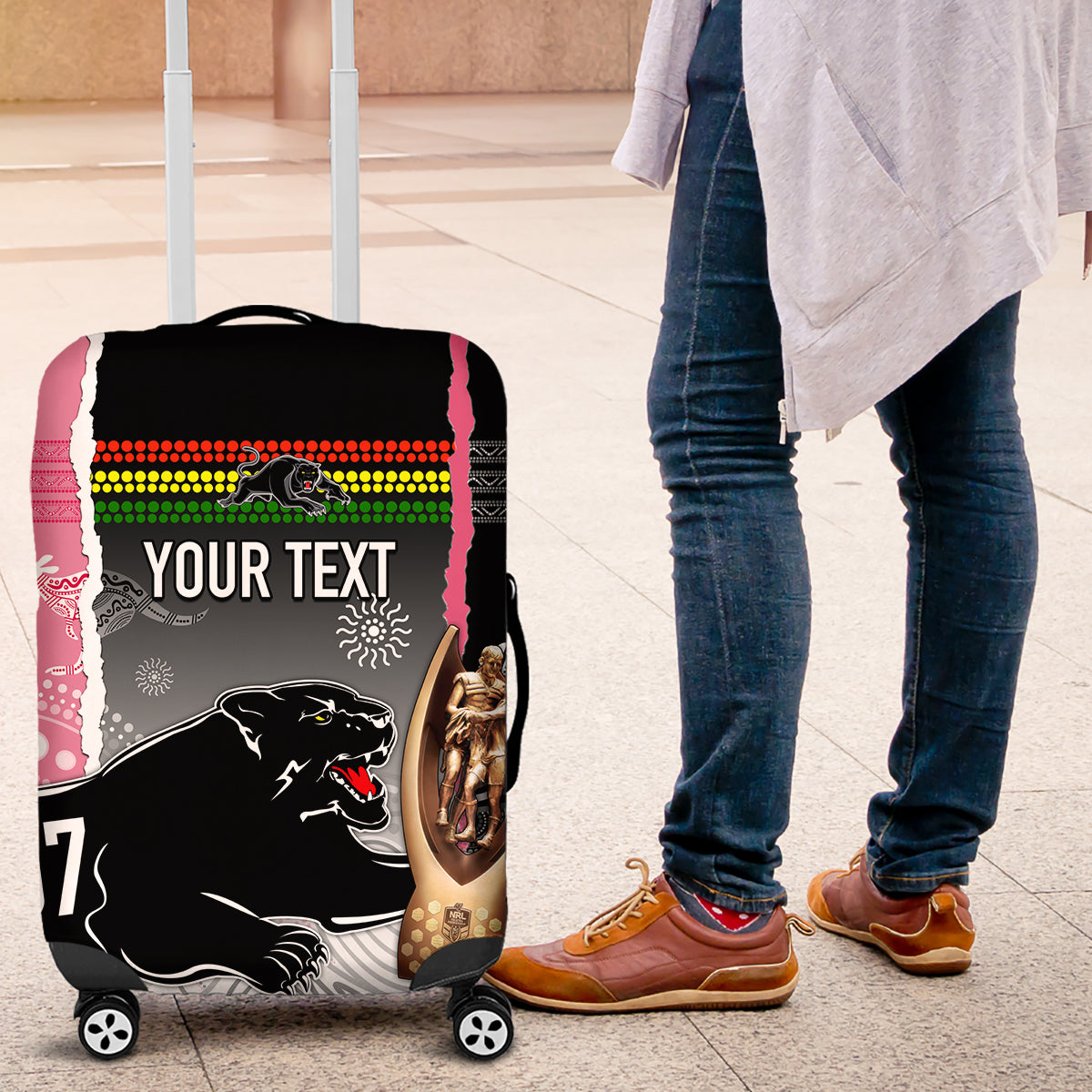 personalised-panther-rugby-nrl-premiers-luggage-cover-panther-pride-black-pink-aboriginal-mix-art