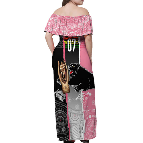 personalised-panther-rugby-nrl-premiers-off-shoulder-maxi-dress-panther-pride-black-pink-aboriginal-mix-art