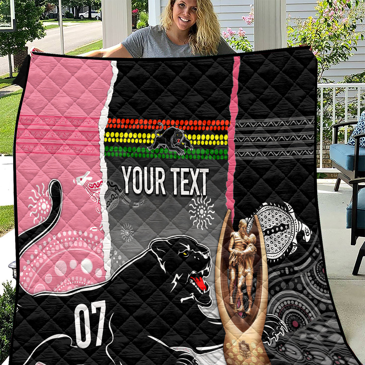 personalised-panther-rugby-nrl-premiers-quilt-panther-pride-black-pink-aboriginal-mix-art