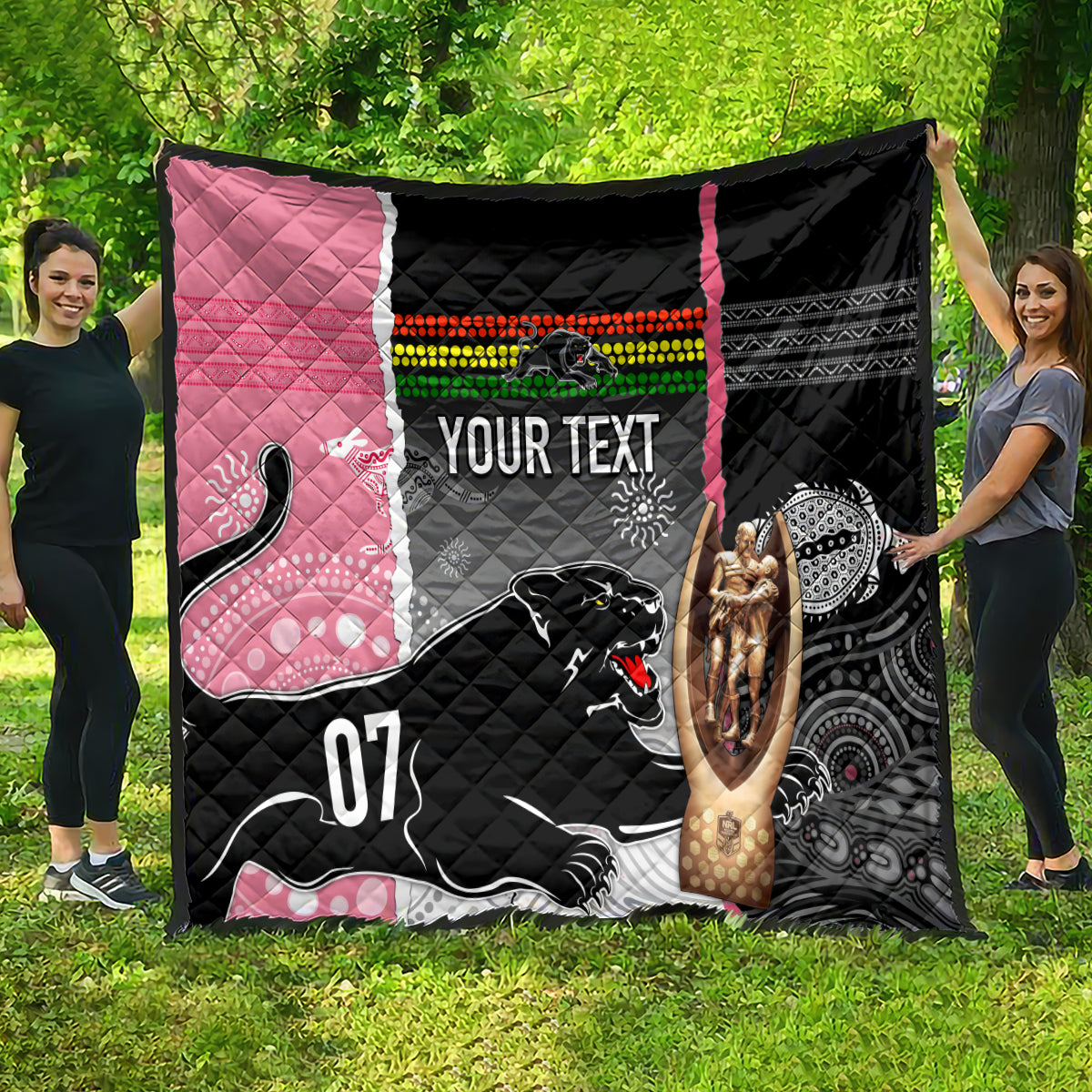 personalised-panther-rugby-nrl-premiers-quilt-panther-pride-black-pink-aboriginal-mix-art