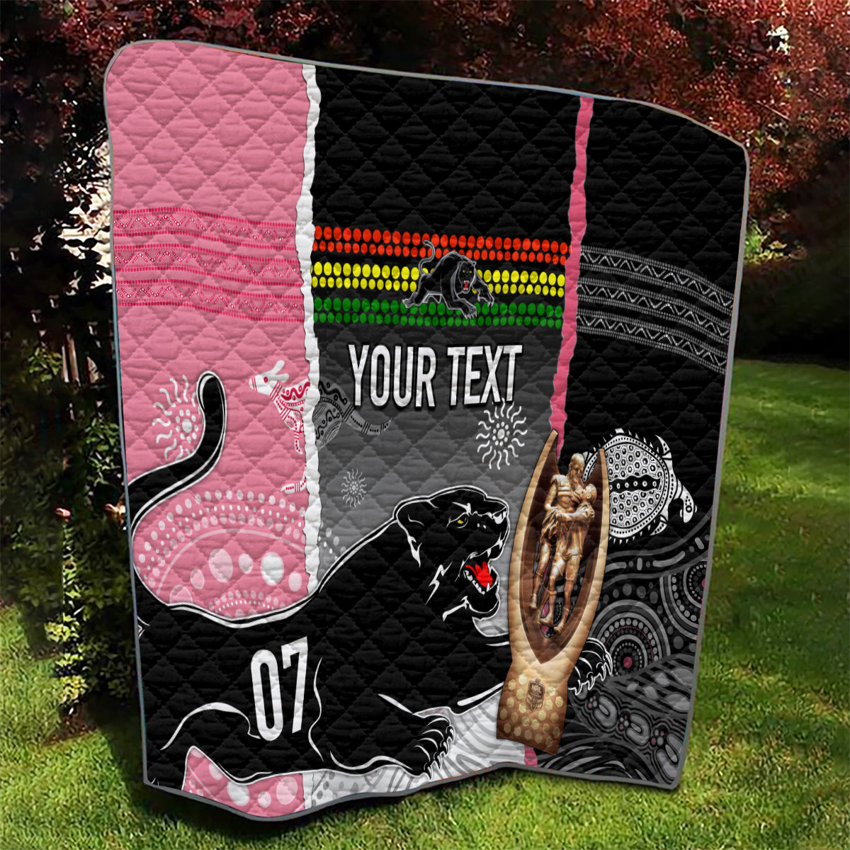 personalised-panther-rugby-nrl-premiers-quilt-panther-pride-black-pink-aboriginal-mix-art