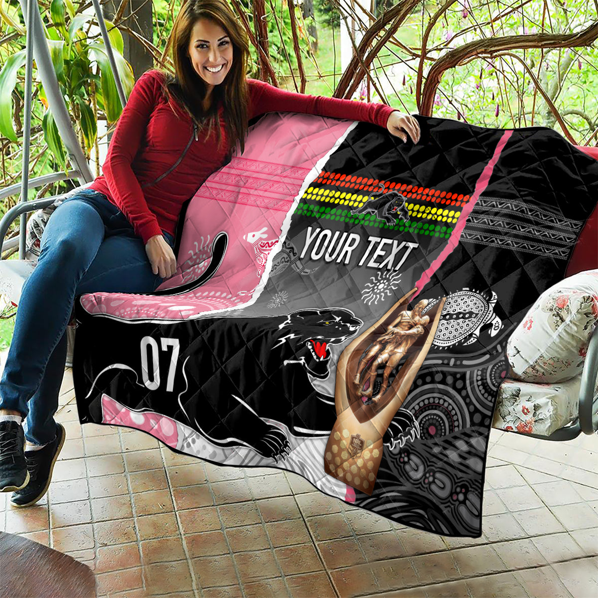 personalised-panther-rugby-nrl-premiers-quilt-panther-pride-black-pink-aboriginal-mix-art