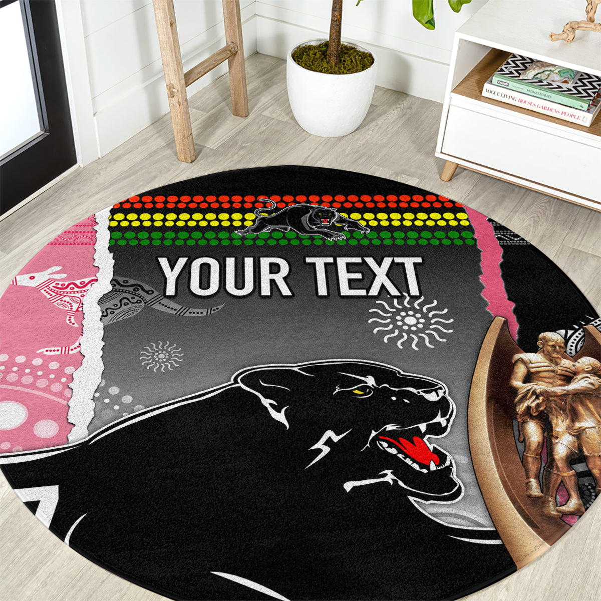 personalised-panther-rugby-nrl-premiers-round-carpet-panther-pride-black-pink-aboriginal-mix-art