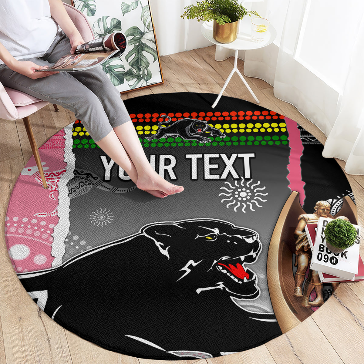 personalised-panther-rugby-nrl-premiers-round-carpet-panther-pride-black-pink-aboriginal-mix-art