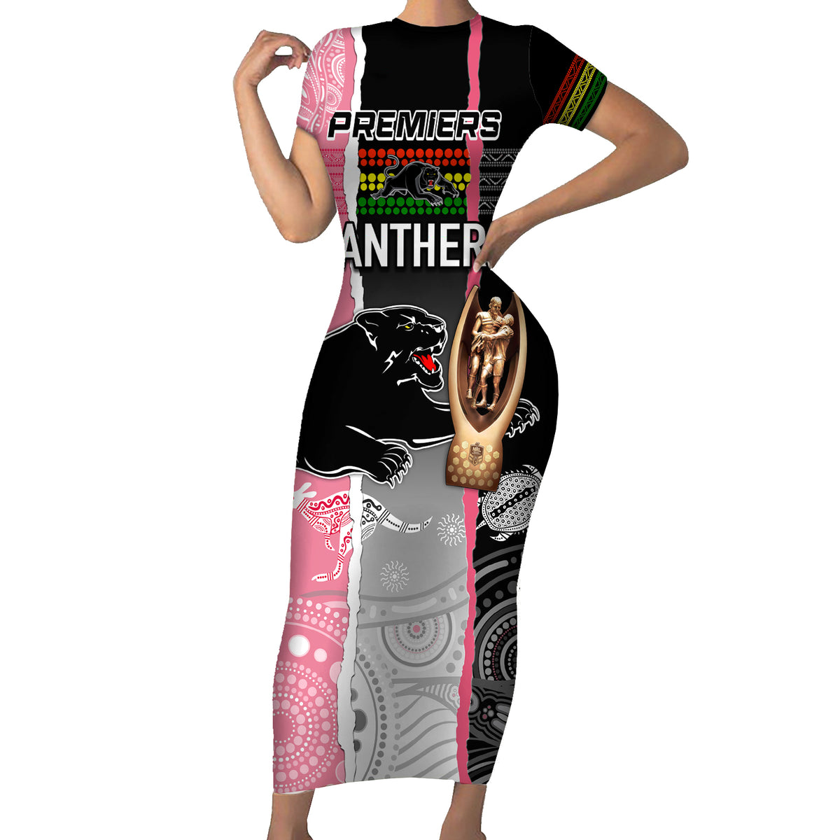 personalised-panther-rugby-nrl-premiers-short-sleeve-bodycon-dress-panther-pride-black-pink-aboriginal-mix-art