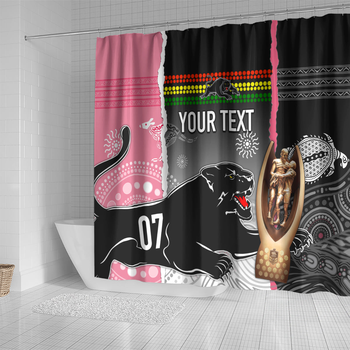 personalised-panther-rugby-nrl-premiers-shower-curtain-panther-pride-black-pink-aboriginal-mix-art