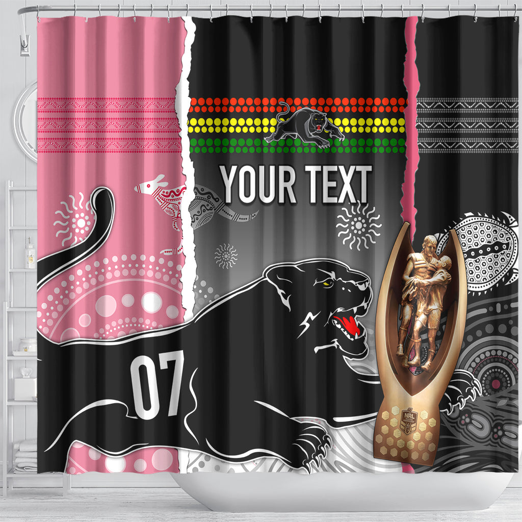 personalised-panther-rugby-nrl-premiers-shower-curtain-panther-pride-black-pink-aboriginal-mix-art