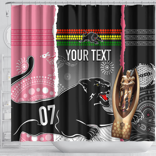 personalised-panther-rugby-nrl-premiers-shower-curtain-panther-pride-black-pink-aboriginal-mix-art