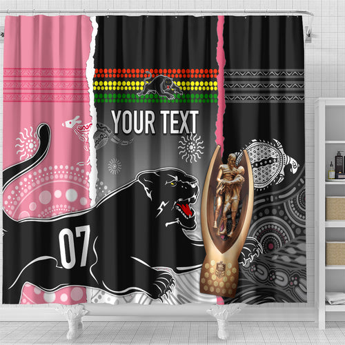 personalised-panther-rugby-nrl-premiers-shower-curtain-panther-pride-black-pink-aboriginal-mix-art