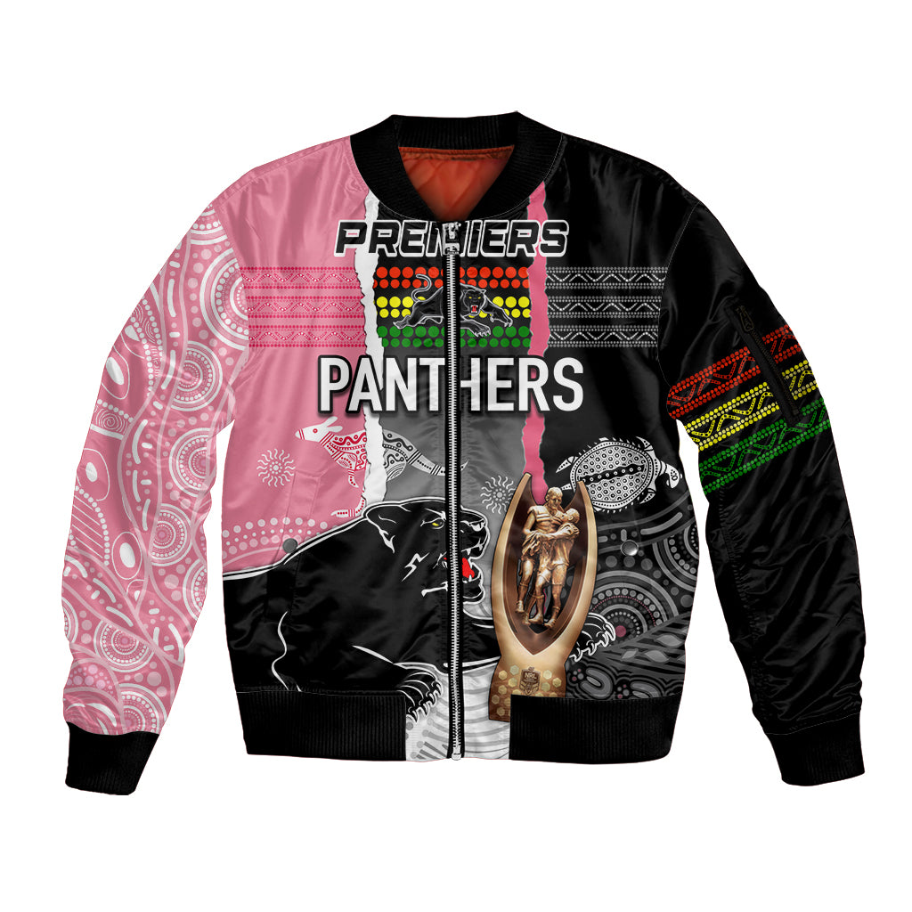 personalised-panther-rugby-nrl-premiers-sleeve-zip-bomber-jacket-panther-pride-black-pink-aboriginal-mix-art