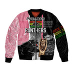 personalised-panther-rugby-nrl-premiers-sleeve-zip-bomber-jacket-panther-pride-black-pink-aboriginal-mix-art