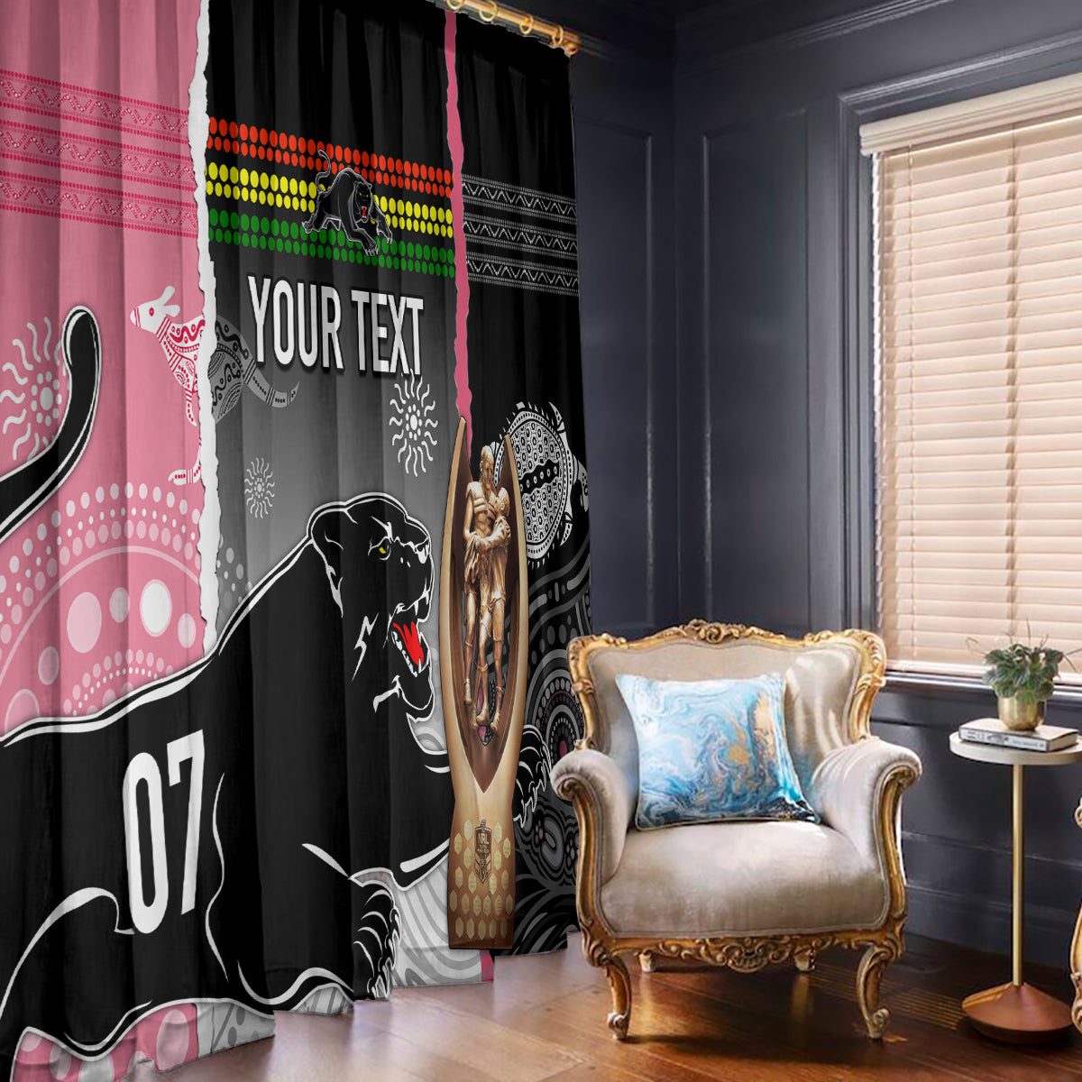 personalised-panther-rugby-nrl-premiers-window-curtain-panther-pride-black-pink-aboriginal-mix-art
