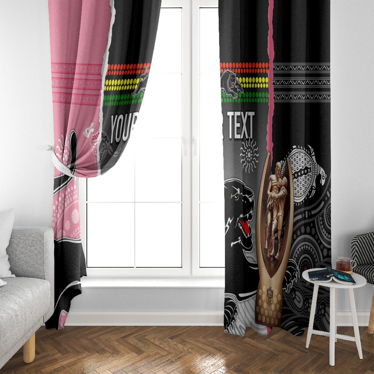 personalised-panther-rugby-nrl-premiers-window-curtain-panther-pride-black-pink-aboriginal-mix-art