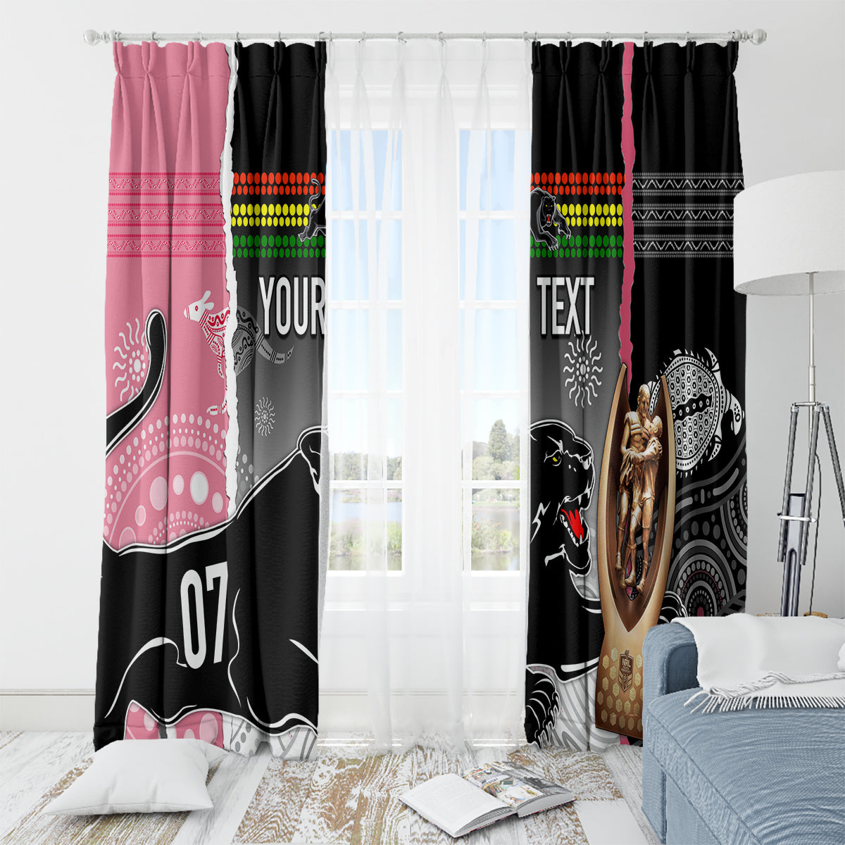 personalised-panther-rugby-nrl-premiers-window-curtain-panther-pride-black-pink-aboriginal-mix-art