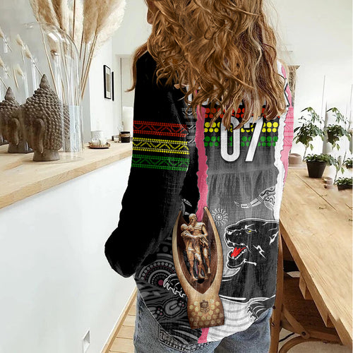 personalised-panther-rugby-nrl-premiers-women-casual-shirt-panther-pride-black-pink-aboriginal-mix-art