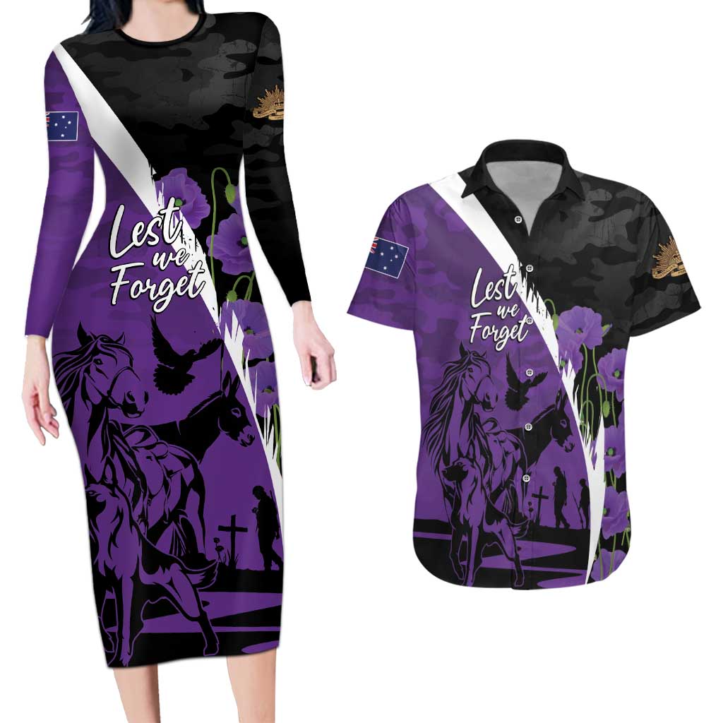 Australia ANZAC Day Couples Matching Long Sleeve Bodycon Dress and Hawaiian Shirt Animals of War - Lest We Forget