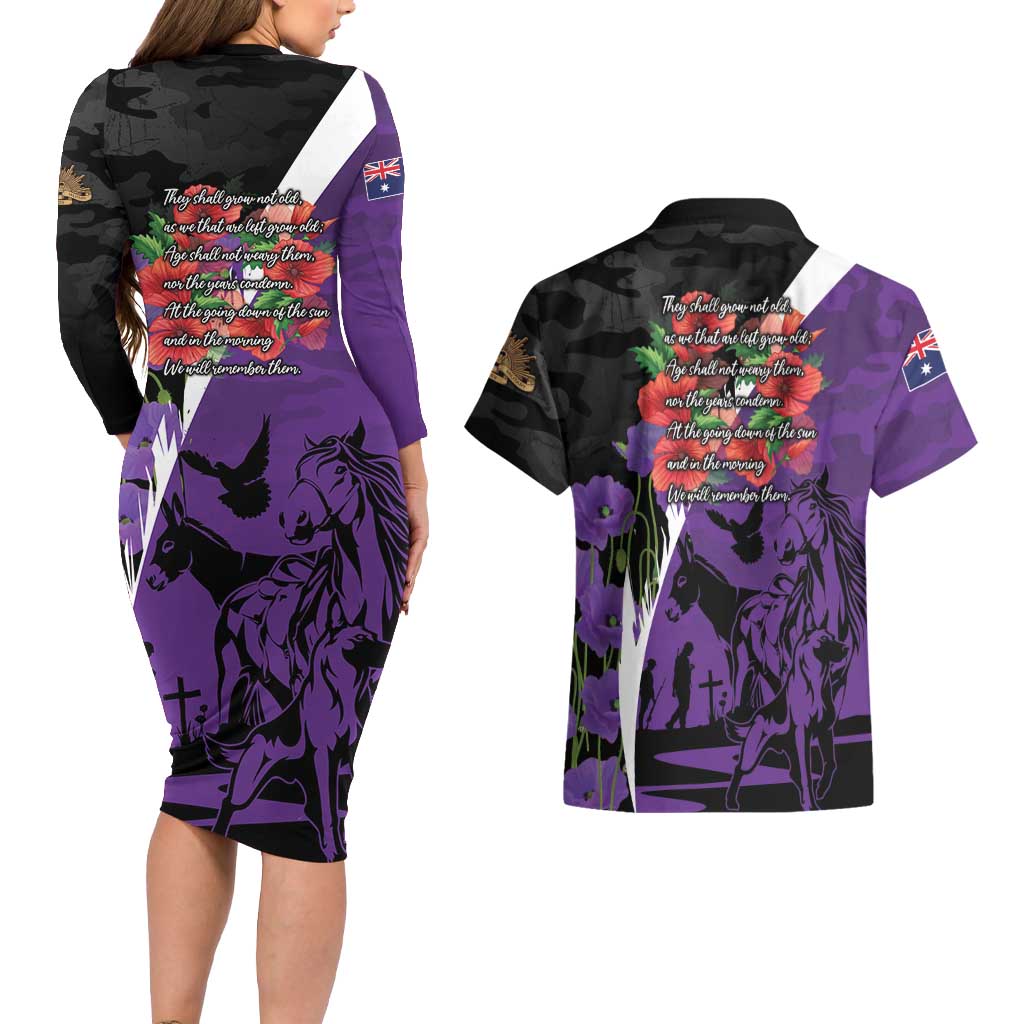 Australia ANZAC Day Couples Matching Long Sleeve Bodycon Dress and Hawaiian Shirt Animals of War - Lest We Forget