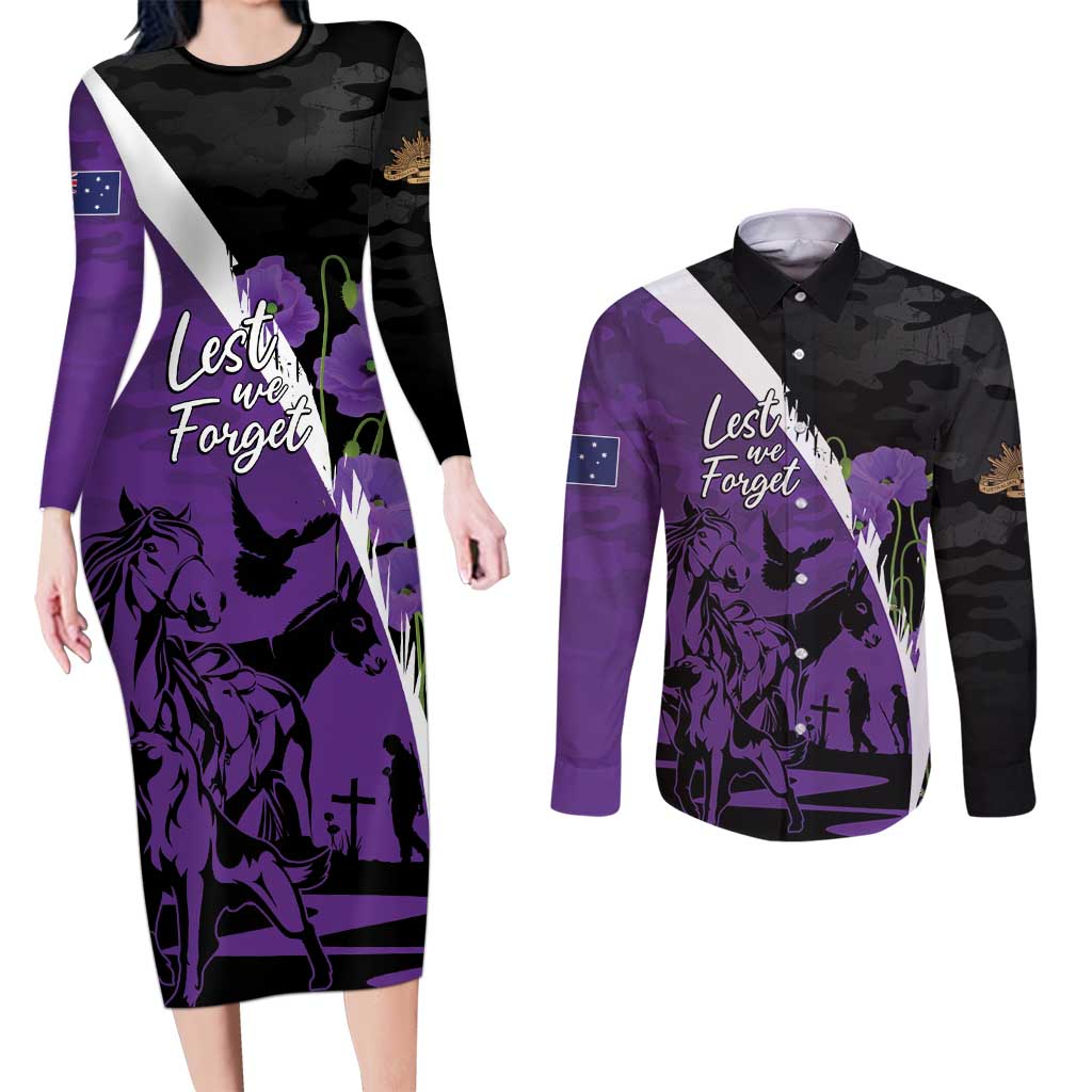 Australia ANZAC Day Couples Matching Long Sleeve Bodycon Dress and Long Sleeve Button Shirt Animals of War - Lest We Forget