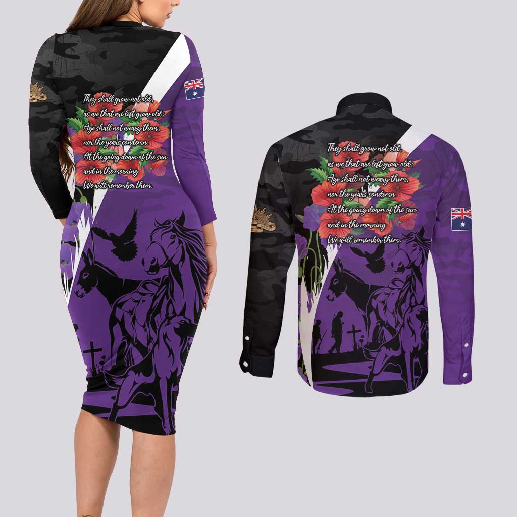 Australia ANZAC Day Couples Matching Long Sleeve Bodycon Dress and Long Sleeve Button Shirt Animals of War - Lest We Forget
