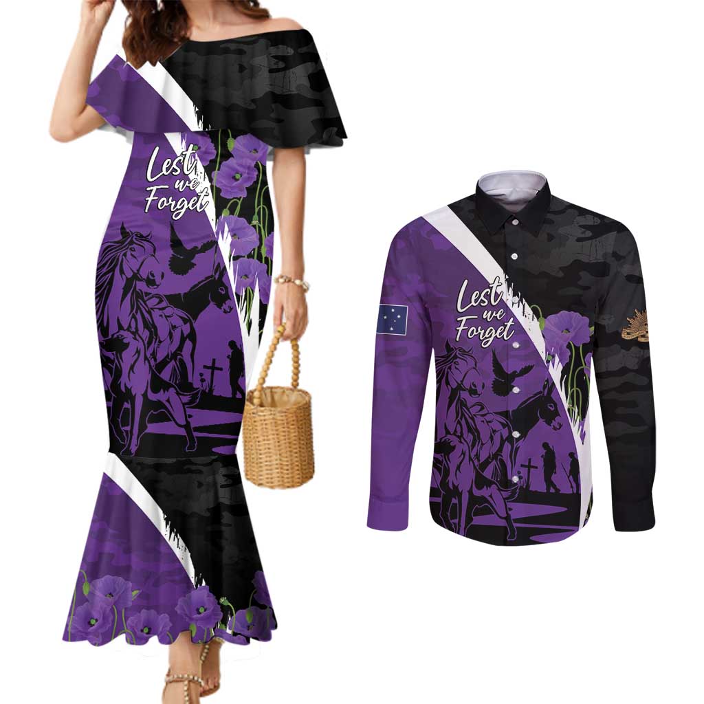 Australia ANZAC Day Couples Matching Mermaid Dress and Long Sleeve Button Shirt Animals of War - Lest We Forget