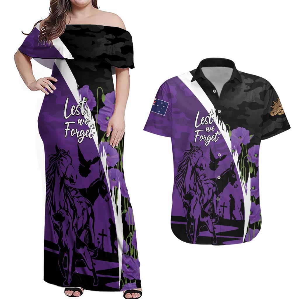 Australia ANZAC Day Couples Matching Off Shoulder Maxi Dress and Hawaiian Shirt Animals of War - Lest We Forget