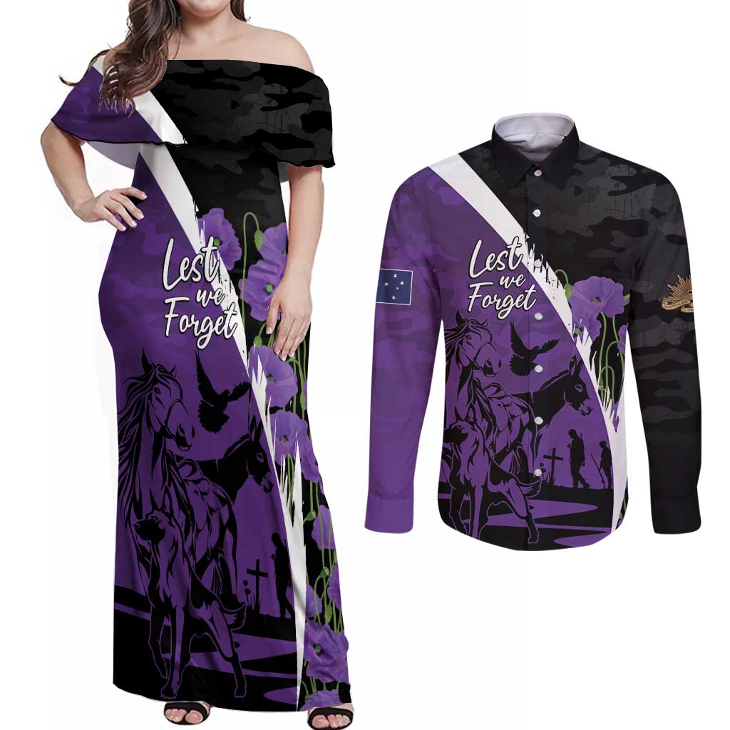 Australia ANZAC Day Couples Matching Off Shoulder Maxi Dress and Long Sleeve Button Shirt Animals of War - Lest We Forget