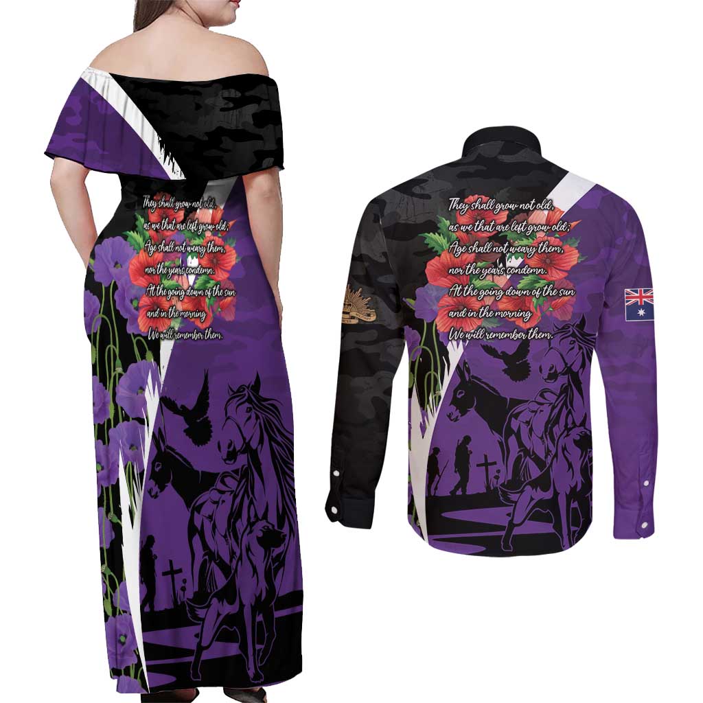 Australia ANZAC Day Couples Matching Off Shoulder Maxi Dress and Long Sleeve Button Shirt Animals of War - Lest We Forget