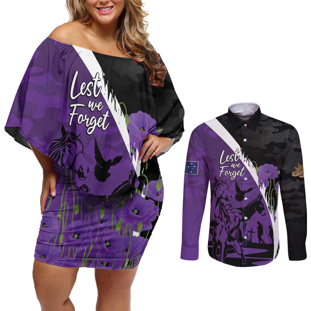 Australia ANZAC Day Couples Matching Off Shoulder Short Dress and Long Sleeve Button Shirt Animals of War - Lest We Forget