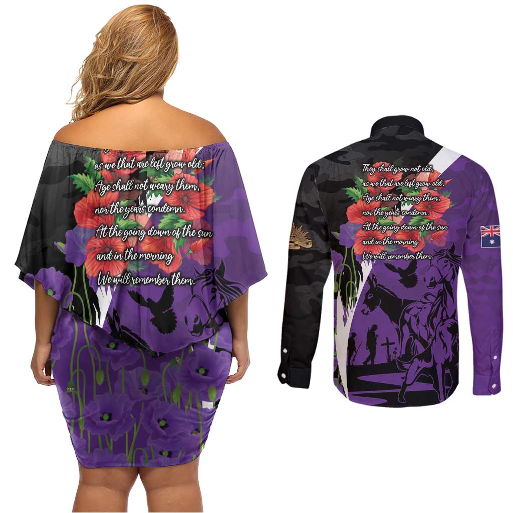 Australia ANZAC Day Couples Matching Off Shoulder Short Dress and Long Sleeve Button Shirt Animals of War - Lest We Forget