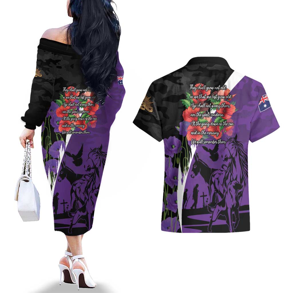 Australia ANZAC Day Couples Matching Off The Shoulder Long Sleeve Dress and Hawaiian Shirt Animals of War - Lest We Forget