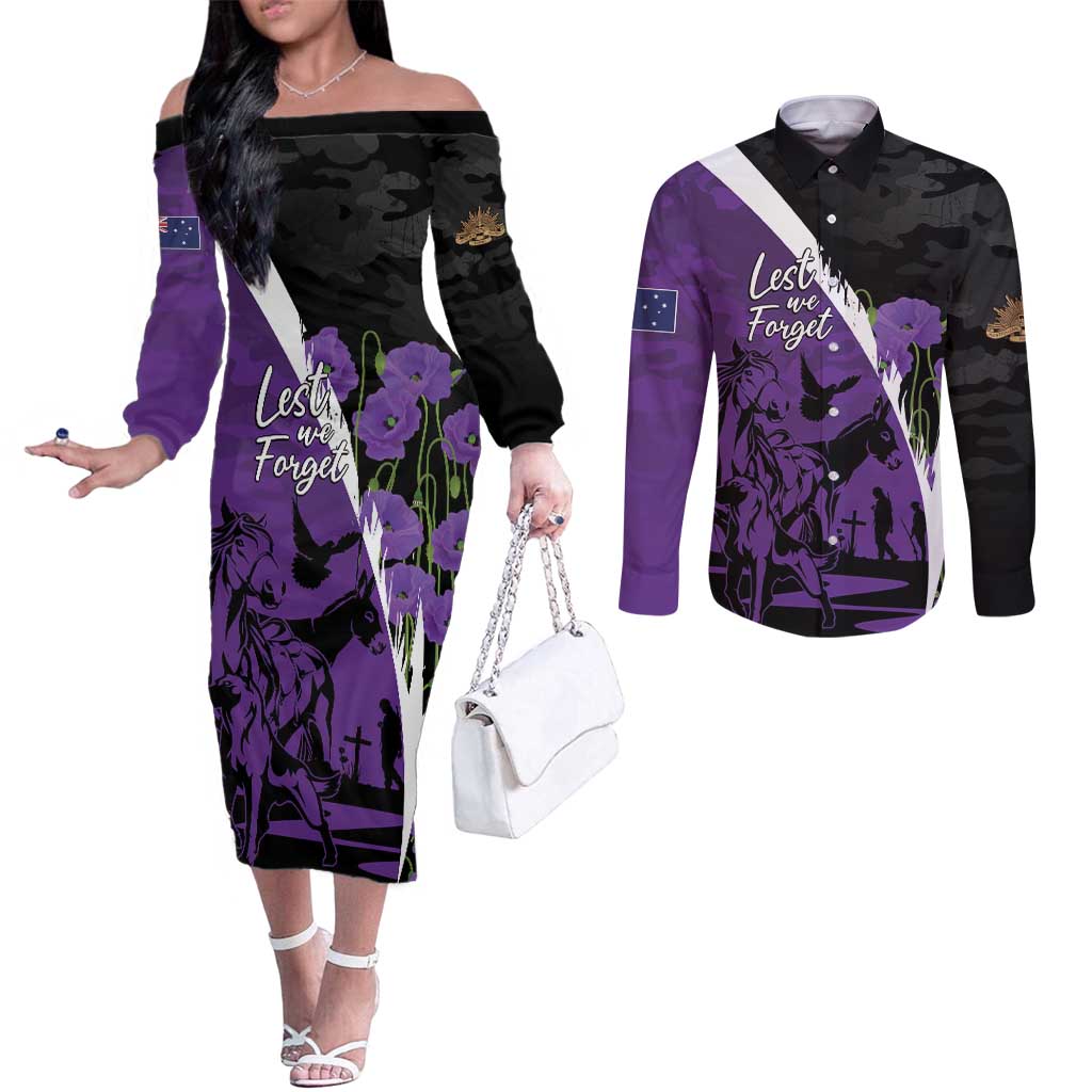 Australia ANZAC Day Couples Matching Off The Shoulder Long Sleeve Dress and Long Sleeve Button Shirt Animals of War - Lest We Forget
