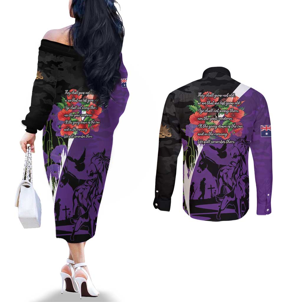 Australia ANZAC Day Couples Matching Off The Shoulder Long Sleeve Dress and Long Sleeve Button Shirt Animals of War - Lest We Forget