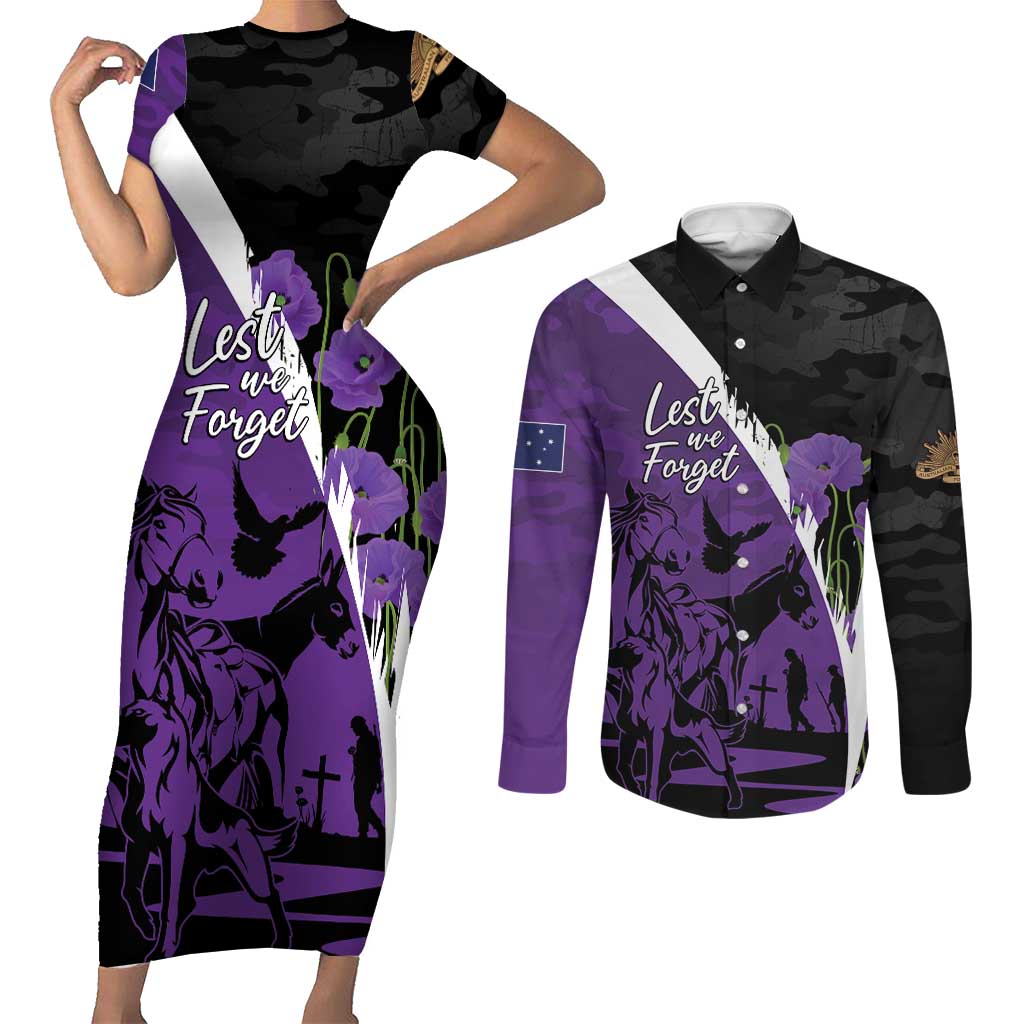 Australia ANZAC Day Couples Matching Short Sleeve Bodycon Dress and Long Sleeve Button Shirt Animals of War - Lest We Forget