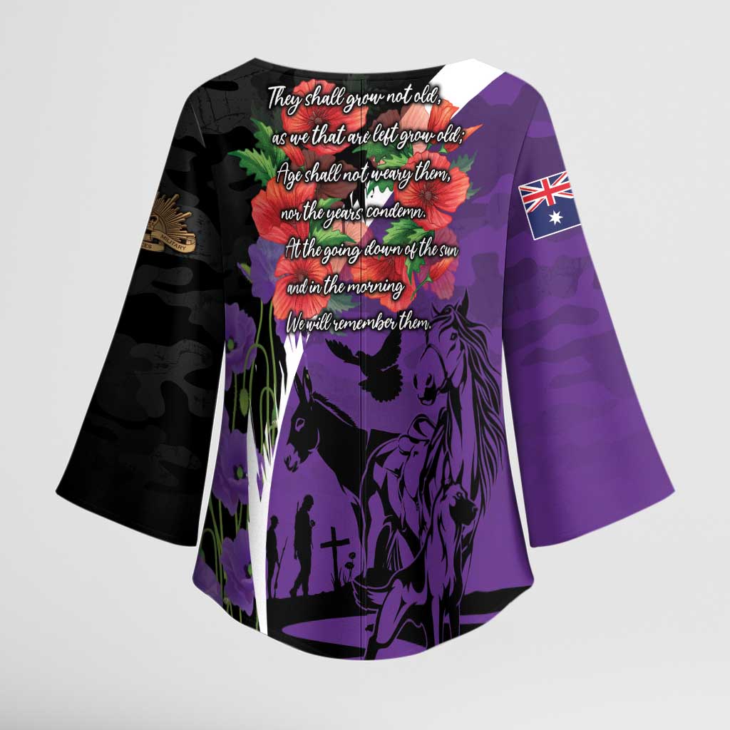 Australia ANZAC Day Kimono Sleeve Blouse Animals of War - Lest We Forget