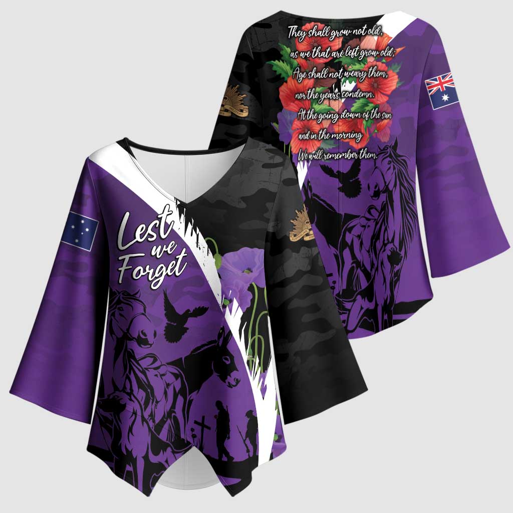 Australia ANZAC Day Kimono Sleeve Blouse Animals of War - Lest We Forget